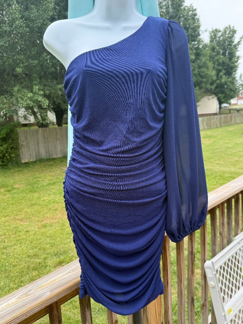 Hello Molly One Shoulder Ruched Mesh Mini Dress Coquette Mob Wife Navy SZM 3604